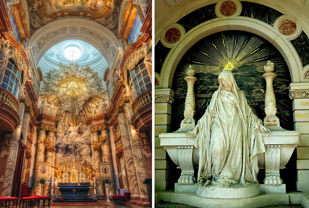 A bécsi Karlskirche oltára és egy Prágában található Szűz Mária-szobor